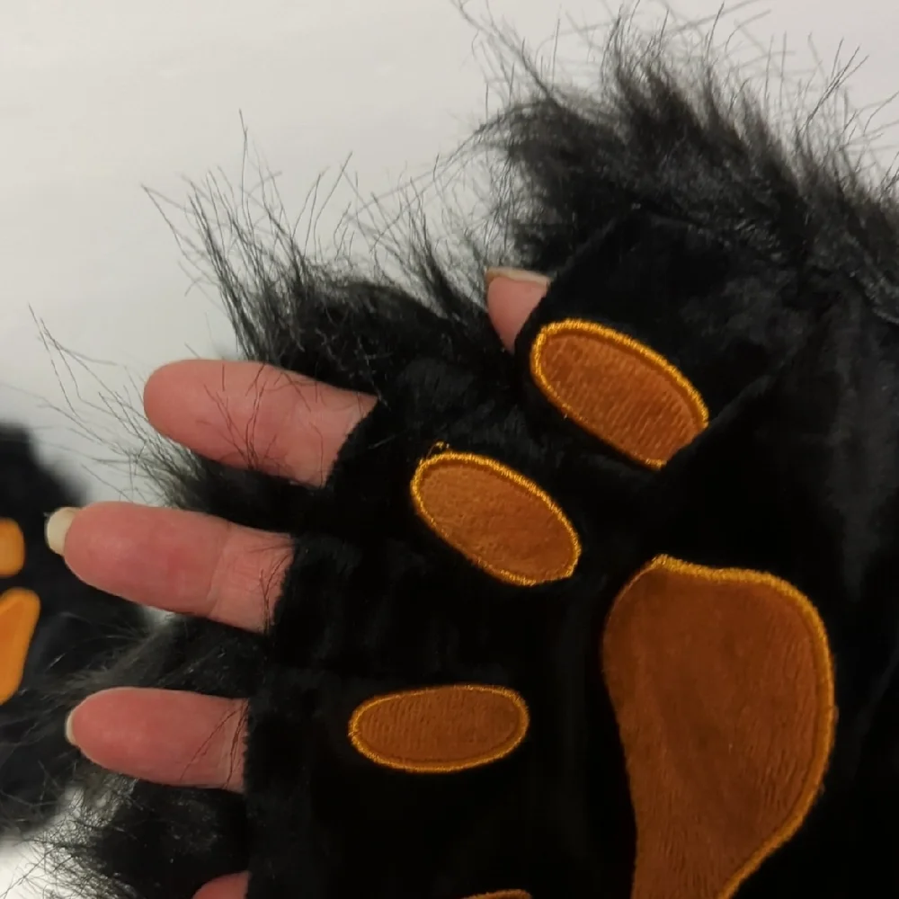 Furry Black Cat Costume with Mask,Tail and Fingerless Faux Fur Paw Gloves